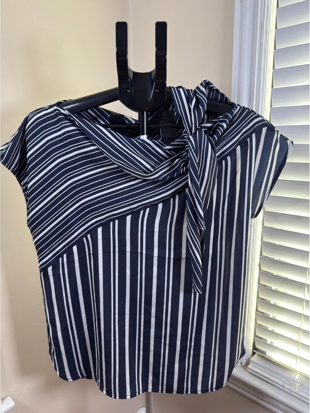 Lyssé Nautical Collage Striped‎ Blouse Women’s Small Navy White Tie Neck Top NWT
